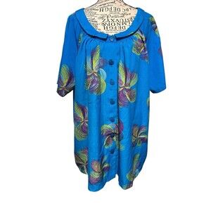 Roamans‎ Size 3X Tunic Top Blouse Shirt Blue Floral Smock Peter Pan Collar Flowy